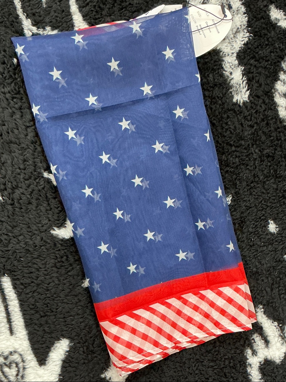 Unique Vintage Patriotic Blue Star Scarf with Red Gingham Edge